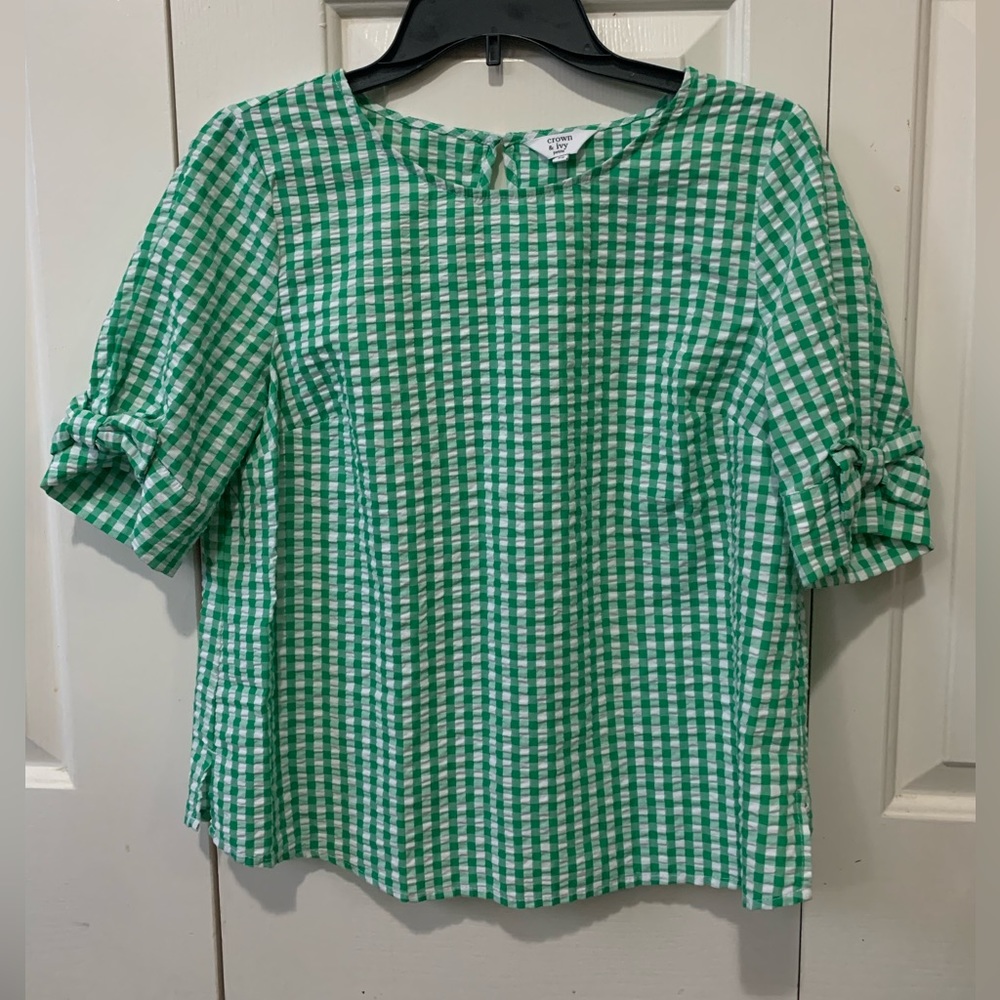 CROWN & IVY. Gingham checkered green & white short sleeve shirt. Petite Small